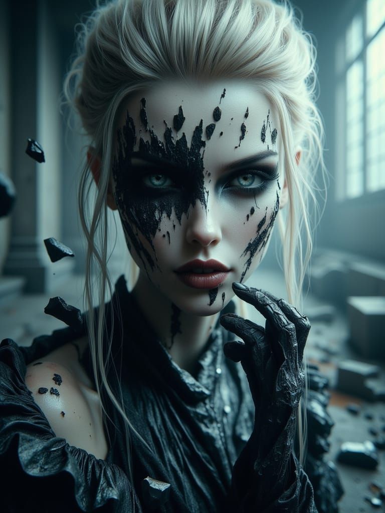 Woman Reassembling Shattered Heart in Dreamlike Scene