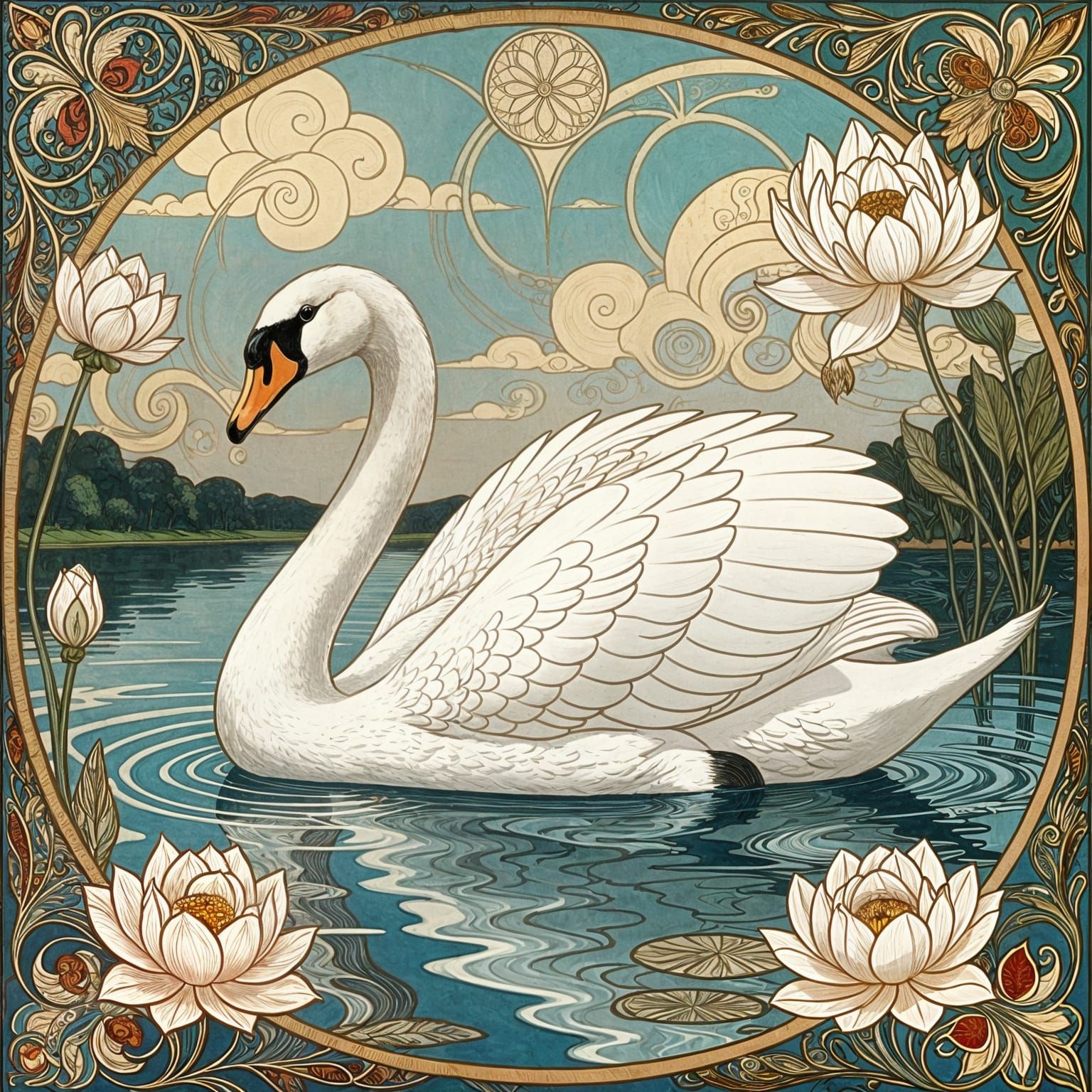 Swan in Lake with Neo Art Nouveau Details