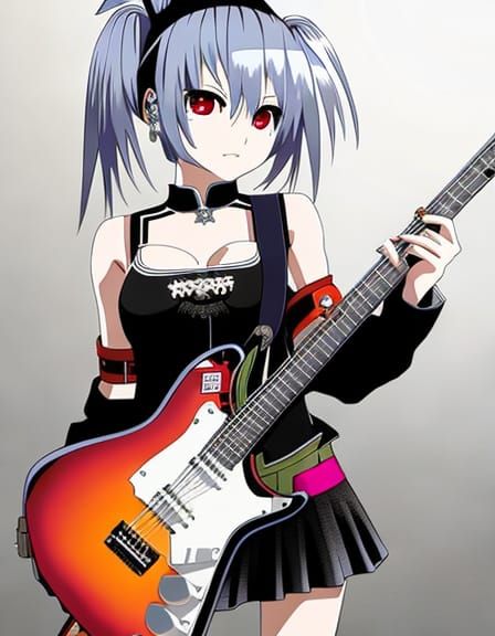 Crust Punk Anime Girl playing Guitar