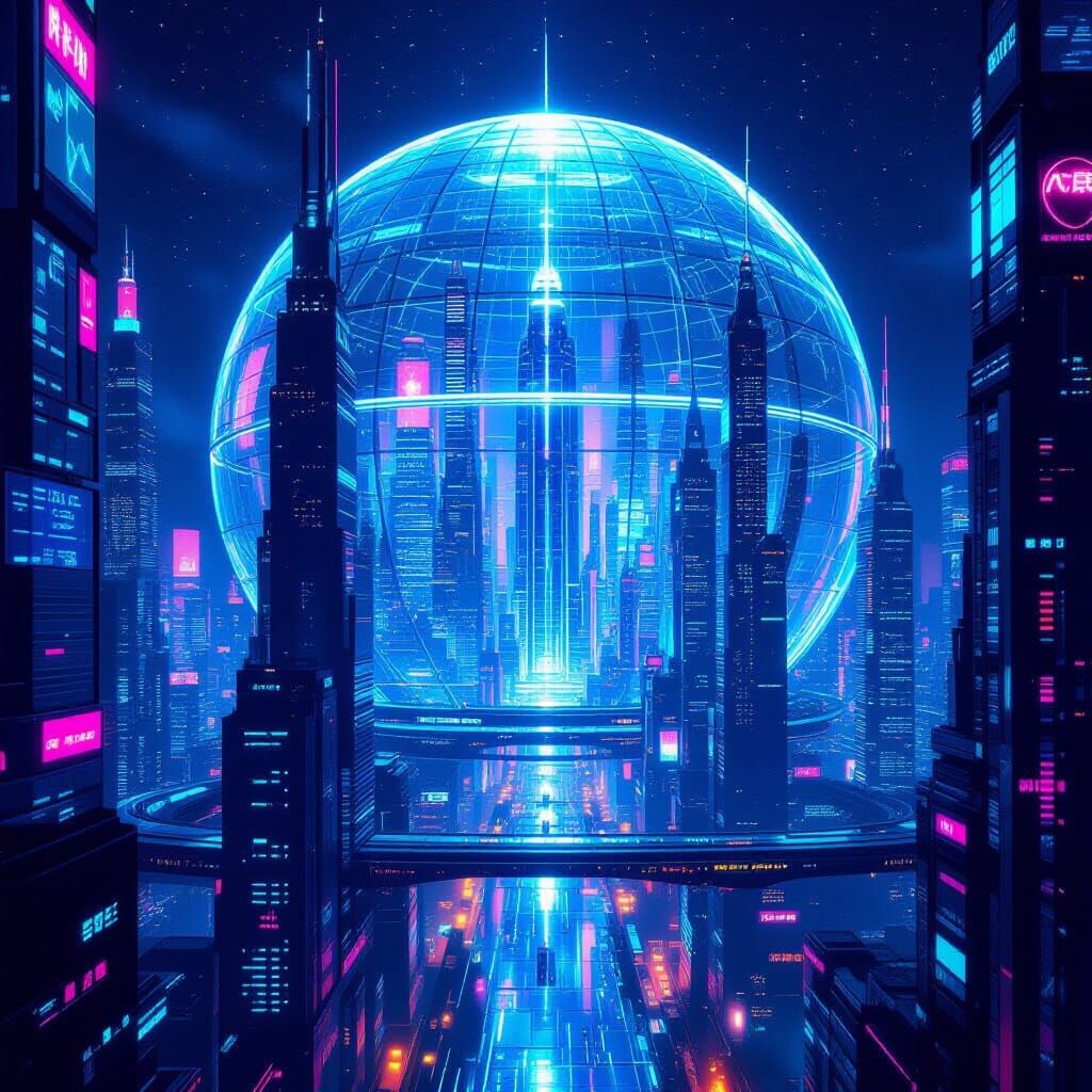 Futuristic Metropolis Under Glass Dome with Neon Lights