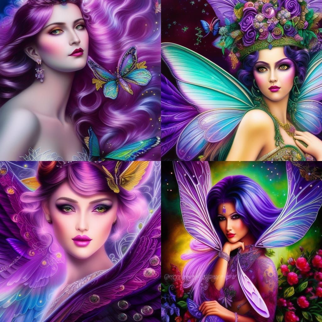 Fairy Portrait with Purple Wings, Digital Art