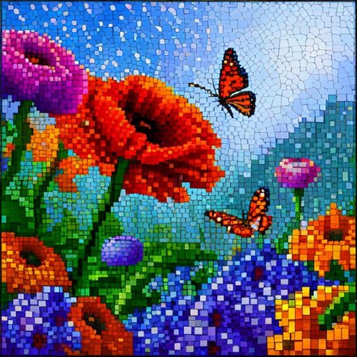 Colorful Pixel Art with Floral and Butterfly Details