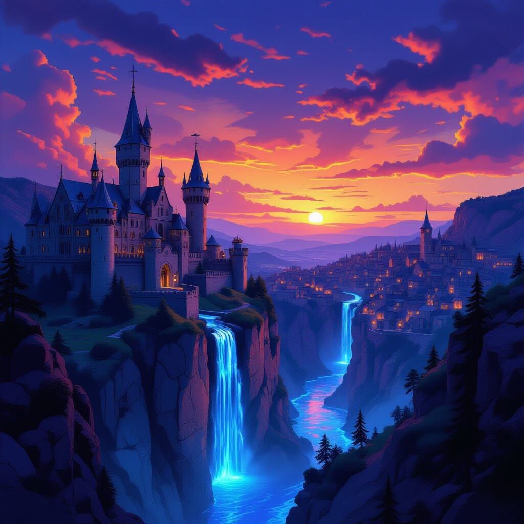 Escher Style Castle and Village at Dusk