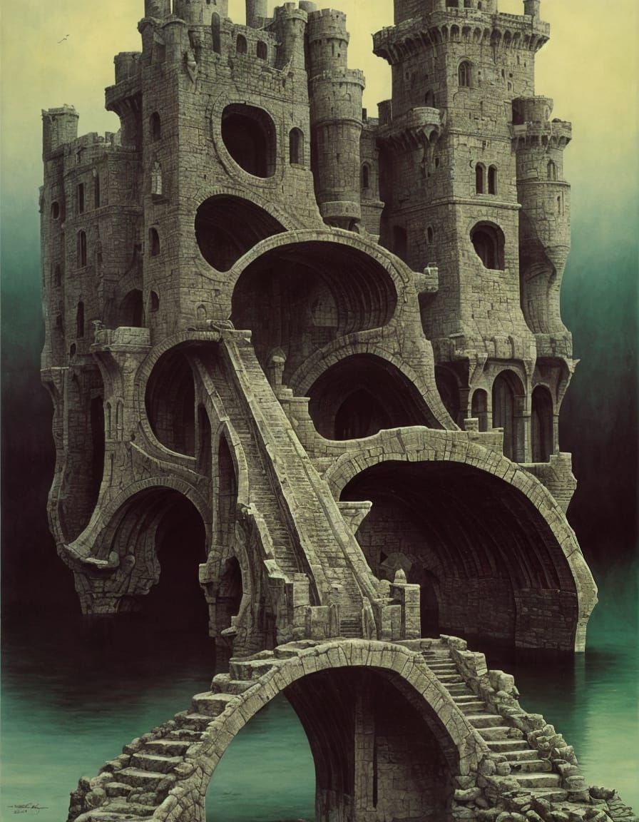 Surreal Dark Castle Landscape with Twisted Forms