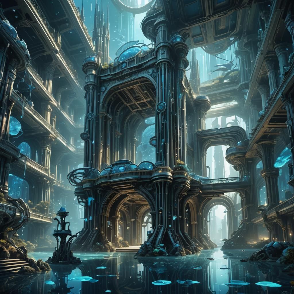 Futuristic Underwater Palace with Bioluminescent Fish
