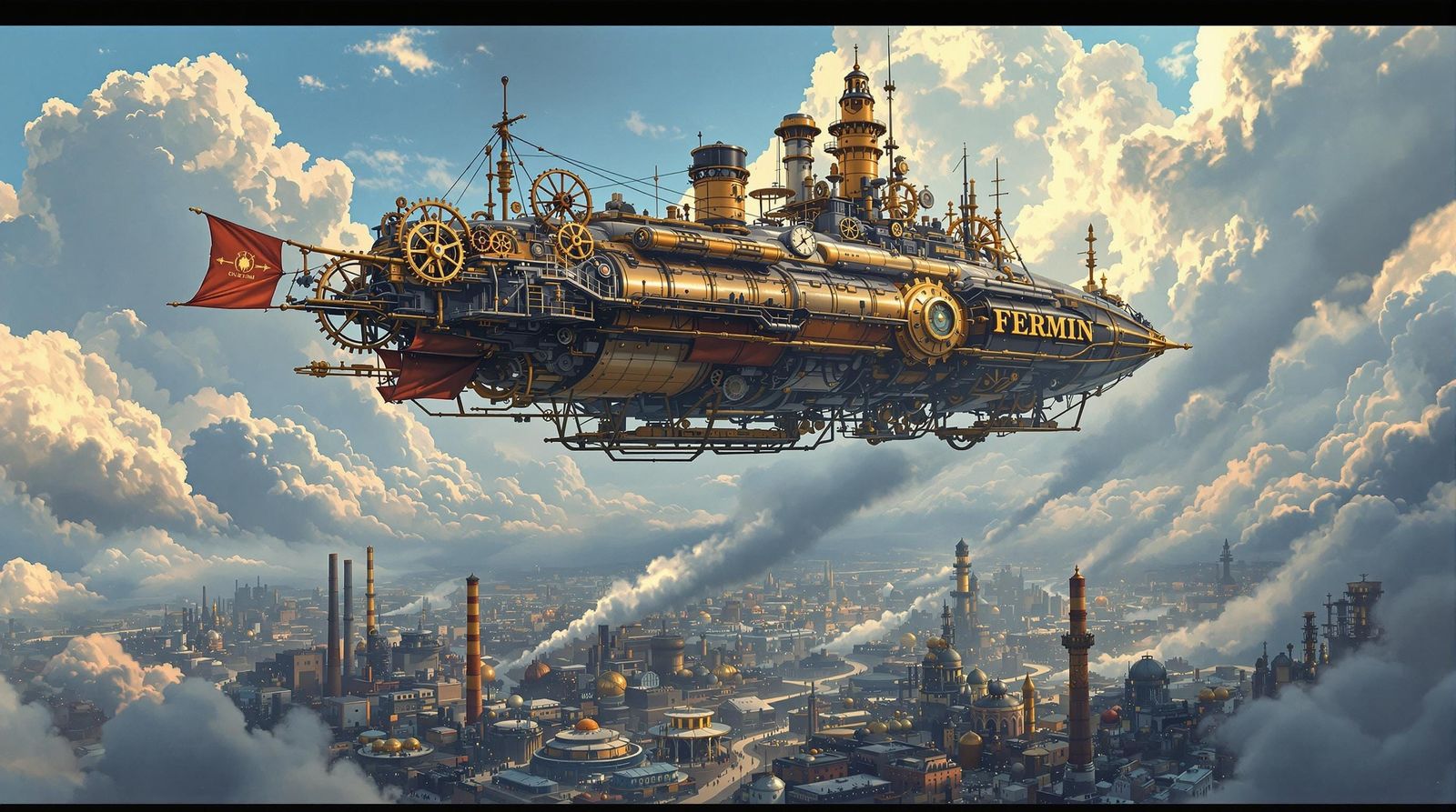 Steampunk Airship Soaring Through Cloudy Skies