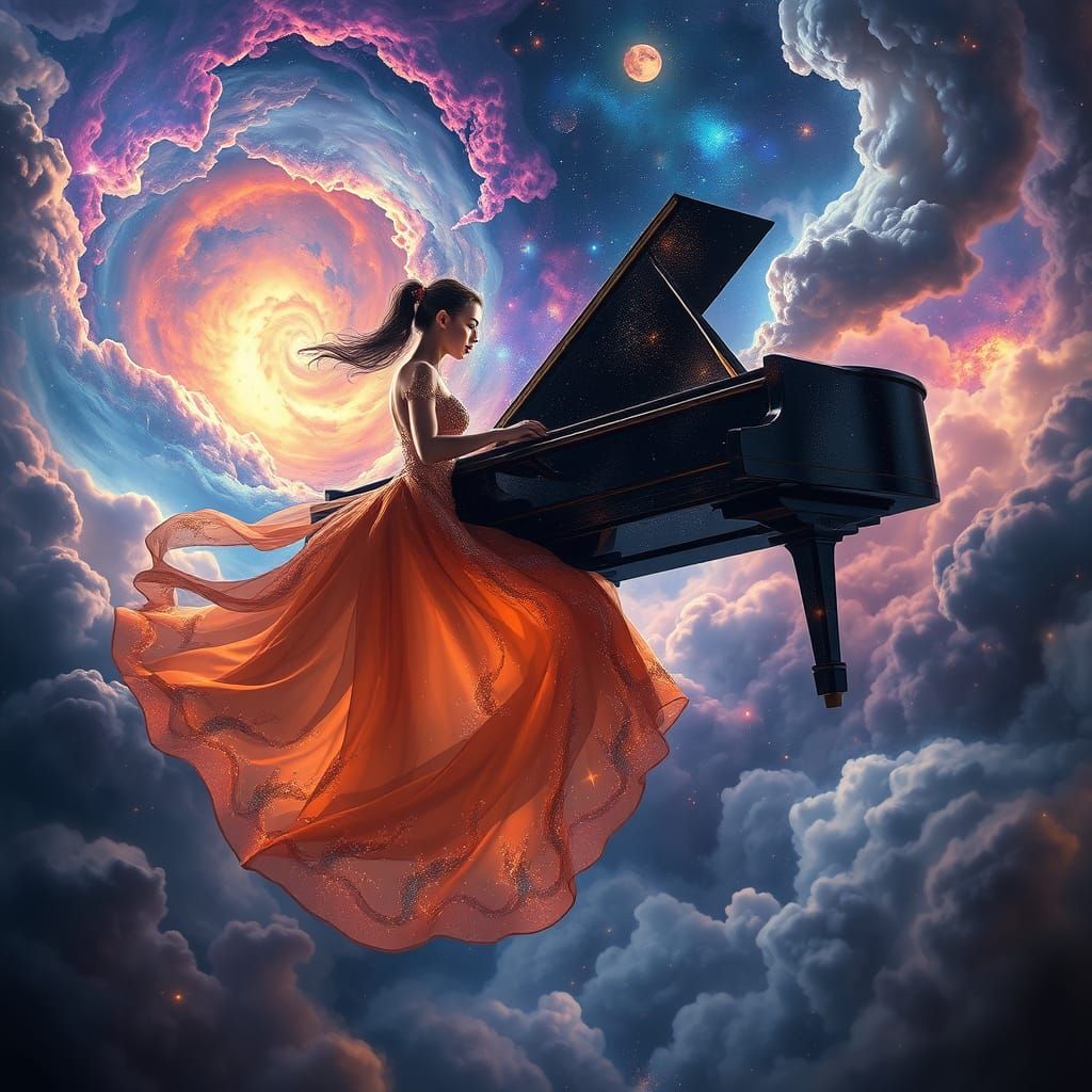 Pianist in Nebula: A Hyperrealistic Cosmic Performance