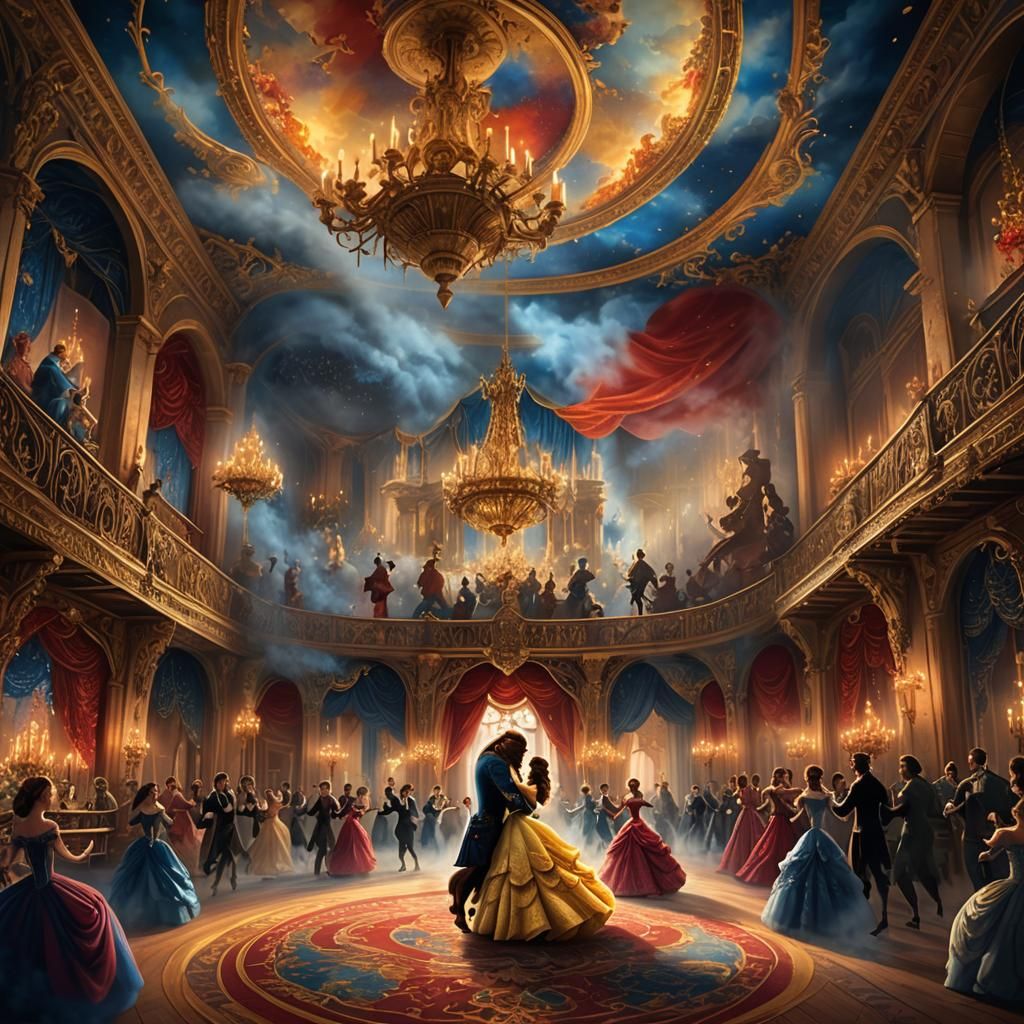 Belle and Beast Dancing in Whimsical Ballroom
