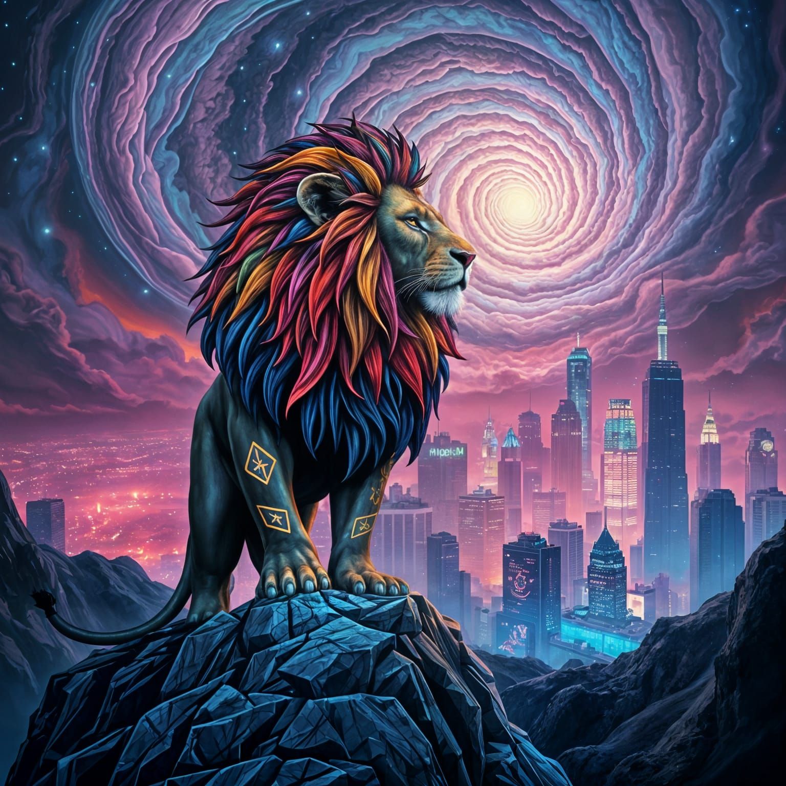 Psychedelic Zentangle Lion Over Cyberpunk Cityscape