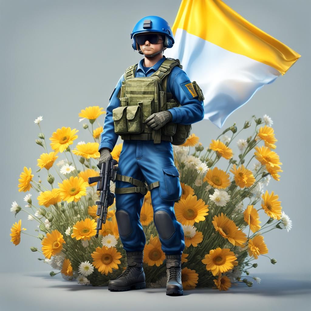 Chibi Soldier with Flowers and Ukrainian Flag