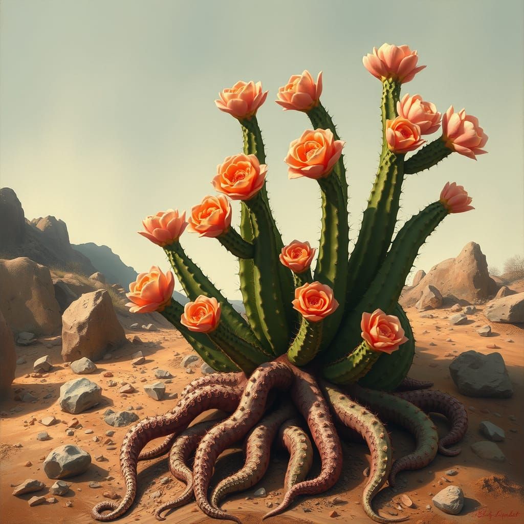 Majestic Cactus with Vibrant, Swirling Flowers in a Rocky La...