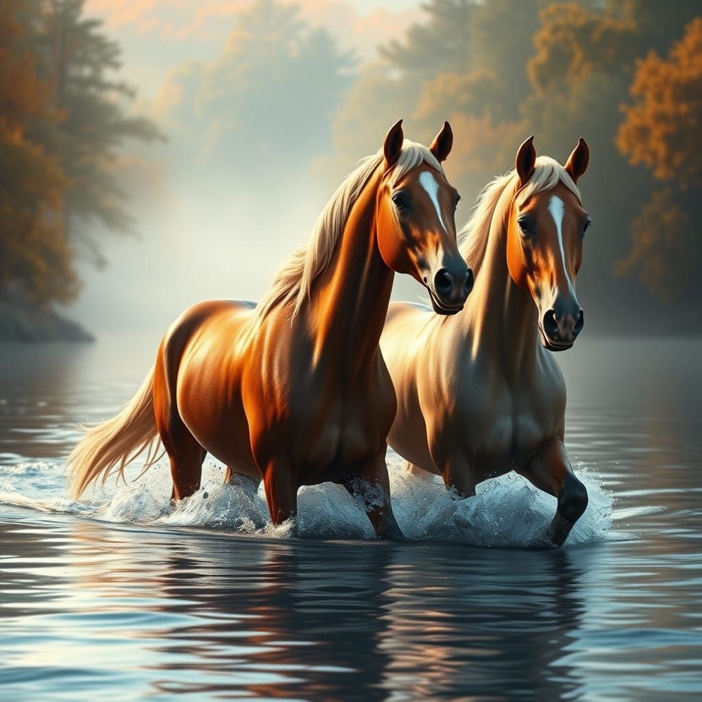 Majestic Horses Wading in River, Hyperrealistic Rendering