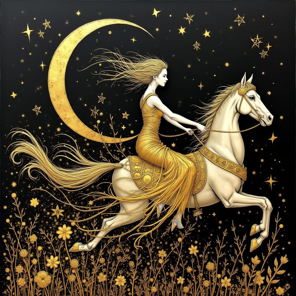 Woman Driving Chariot with Gold Accents in Fantasy Style