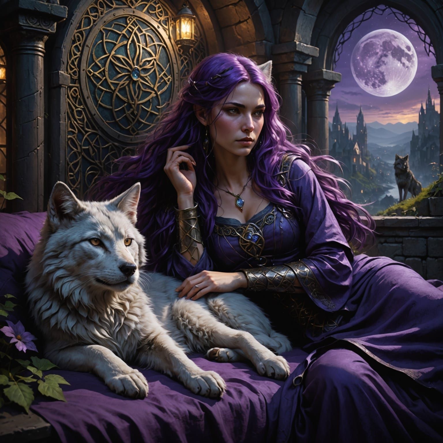 Dreamlike Encounter of a Woman and Wolves Under Celestial Ni...