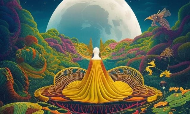 Celestial Woman in Surreal Sun and Moon Bed