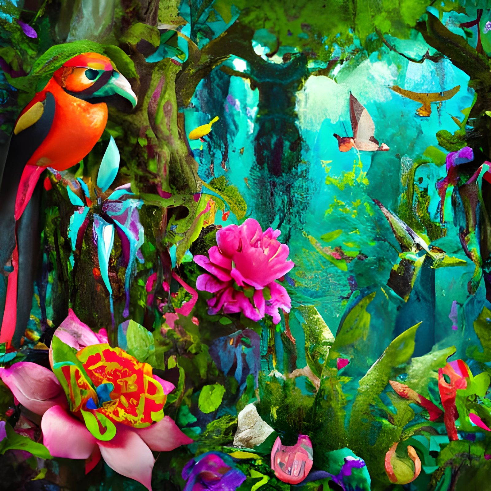 Tropical Birds in Lush Wonderland Forest
