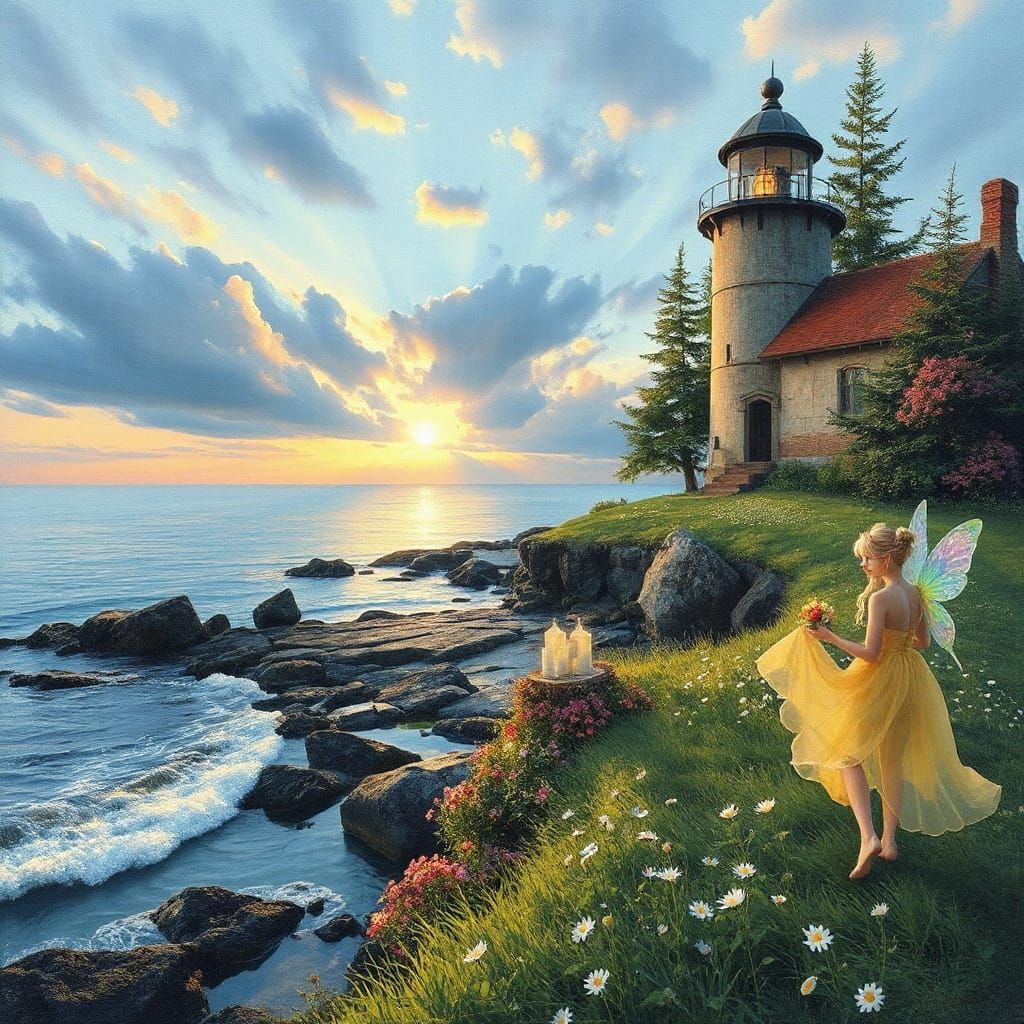 Fairies' Sunrise Picnic on Swedish Isle: Impressionist Style