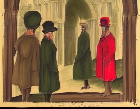 Stylized Figures in Tempera Painting with Archway