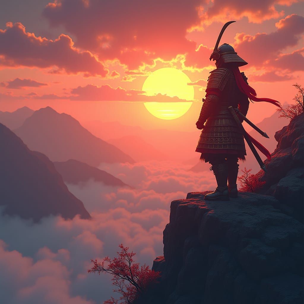 Samurai at Sunset: Sengoku Warrior in Digital Art