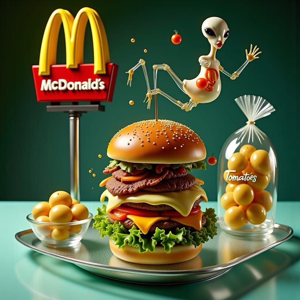 Surreal Glass Hamburger Still Life with Alien Sculpture