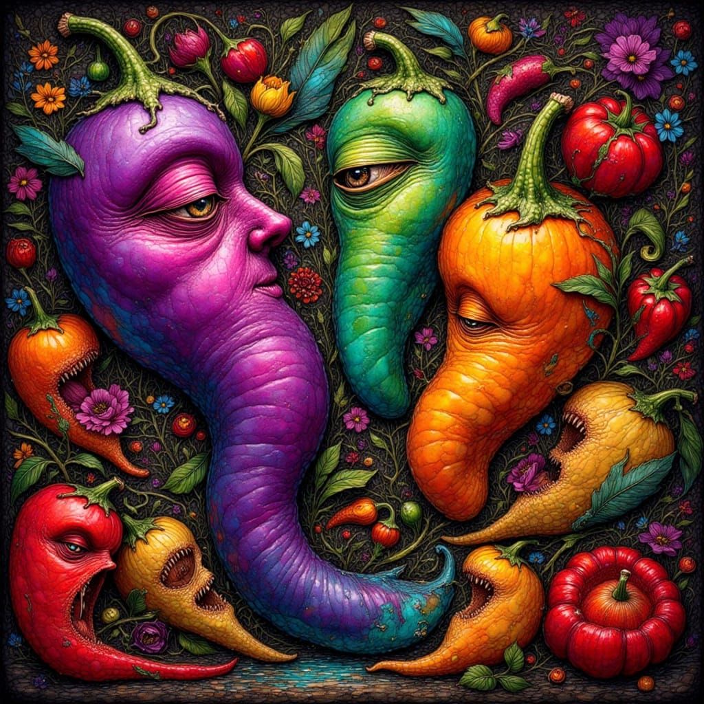 Neon Vegetables in Surreal Art Nouveau Style