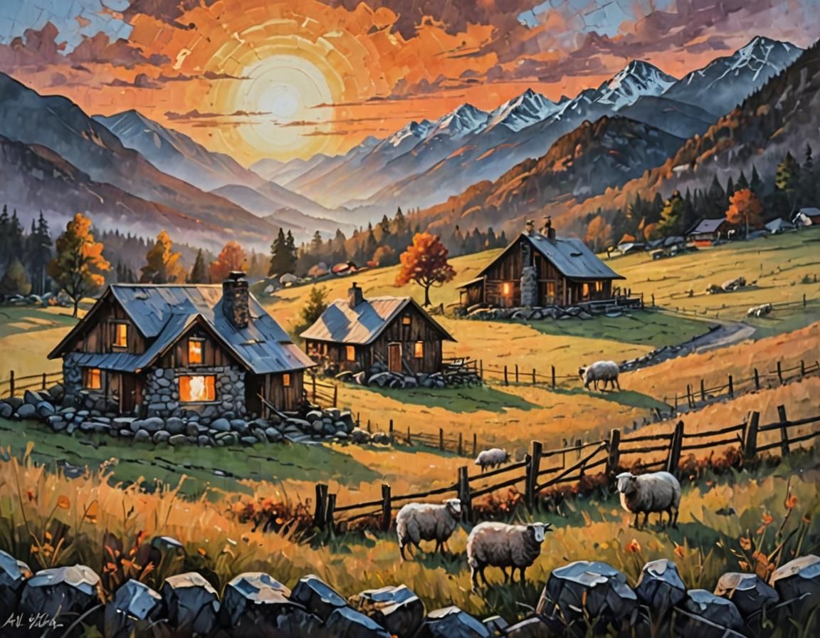 Highland Houses in Morning Mist: Acrylic Painting