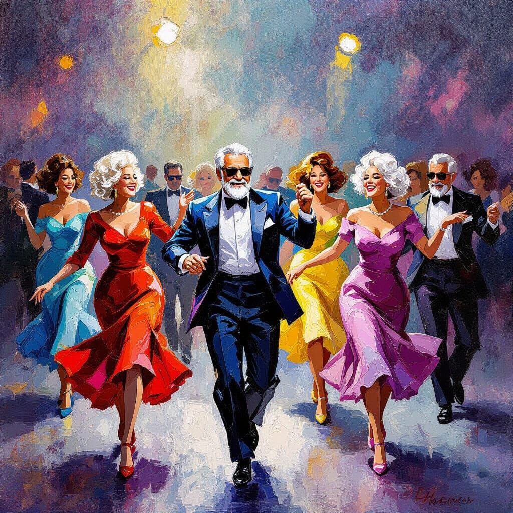 Joyful Seniors Dancing at Concert in Impressionist Style
