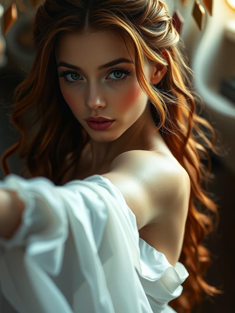 Ethereal Woman in Flowing Gown, Sensual Portrait