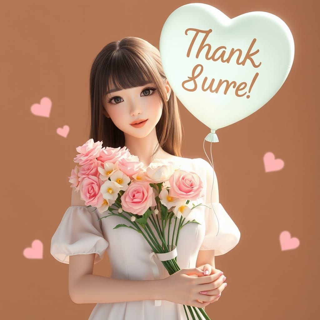 Anime Woman with Flowers and Balloon in 3D Art