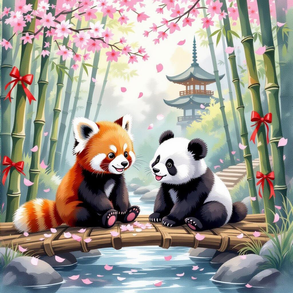 Cute Panda Cubs Play in Bamboo Forest, Watercolor Style