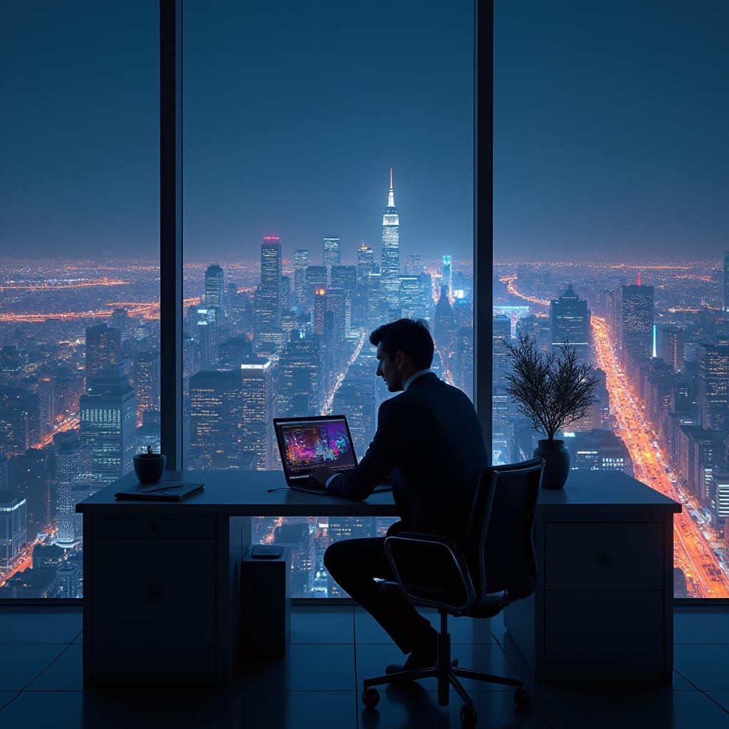 Businessman Works Amidst Futuristic Cityscape at Night