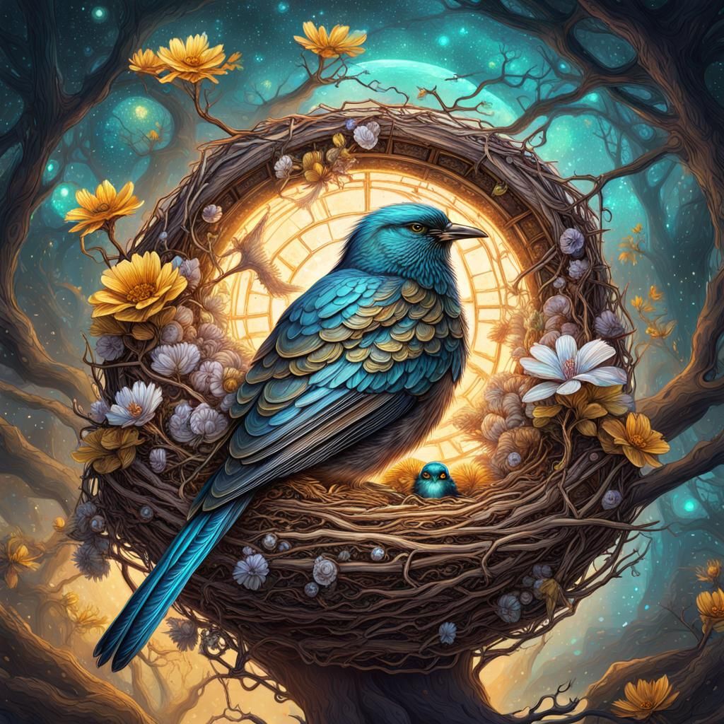 Bird Protecting Chicks in Nest, Cosmic Illustration