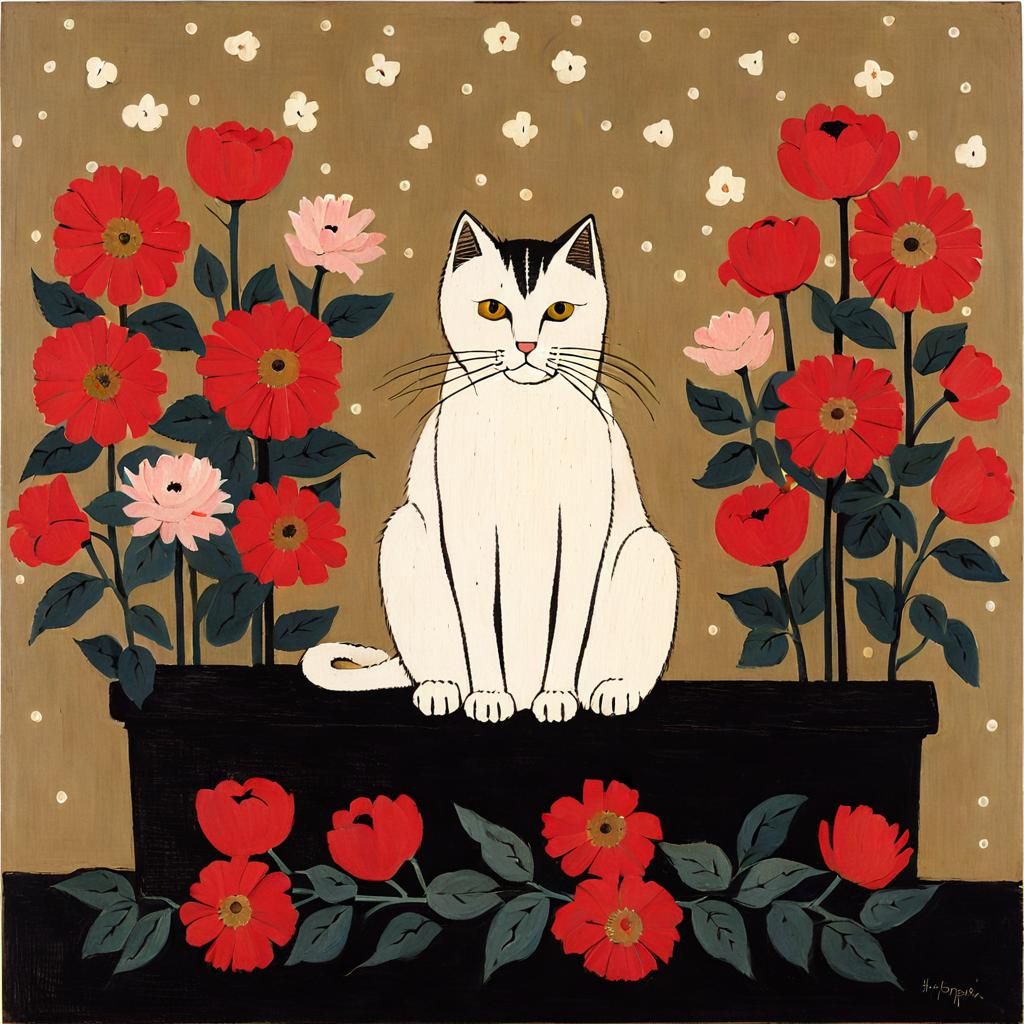 Cat Surrounded by Flowers in Naive Art Style