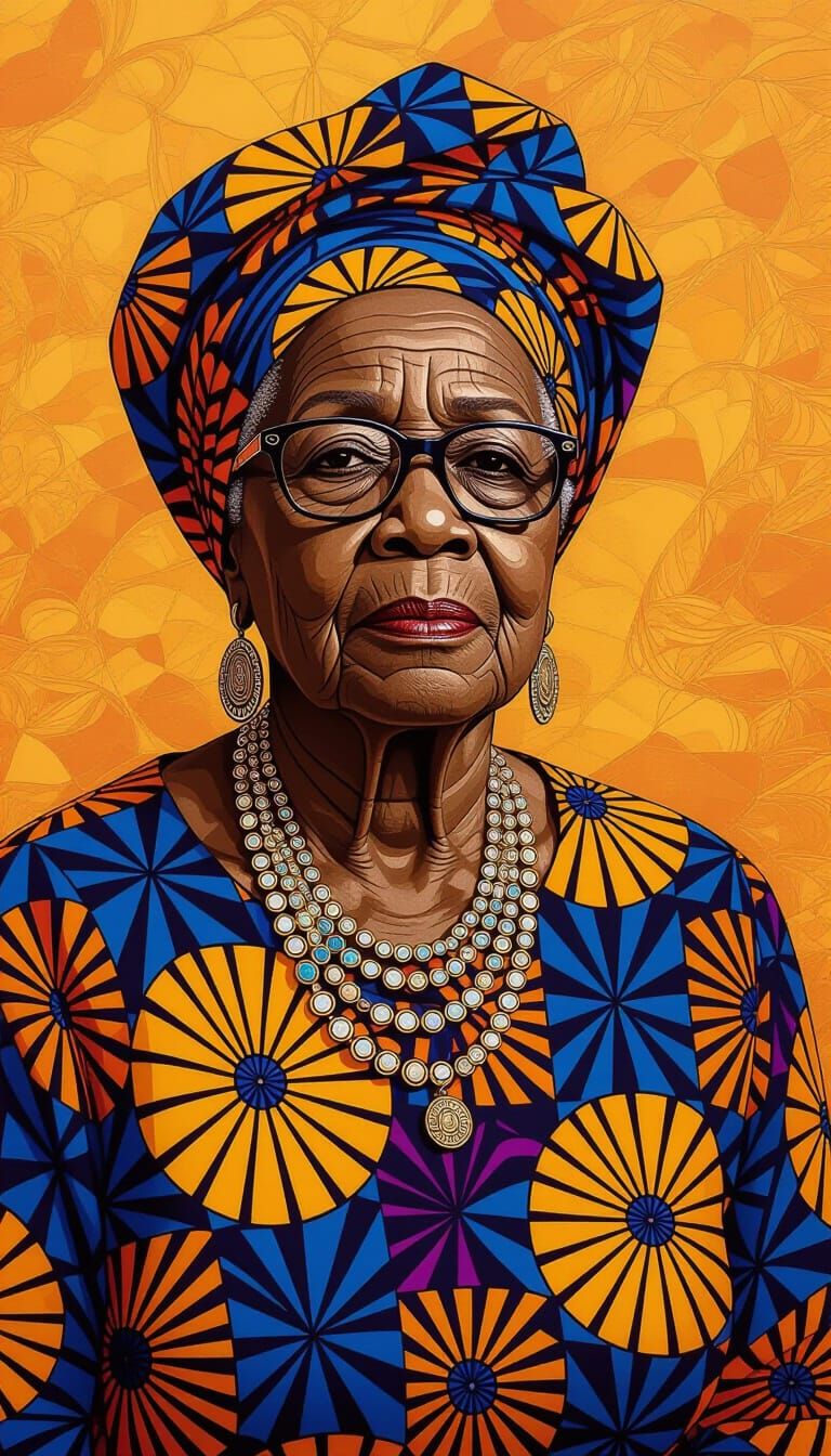 Elderly Woman in African Print, Quilt-Style Portrait