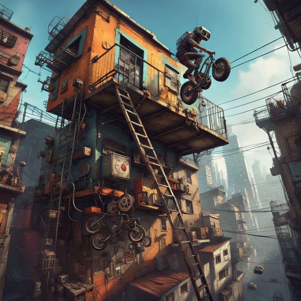 Cyberpunk Urchin Leaps in Industrial Favela