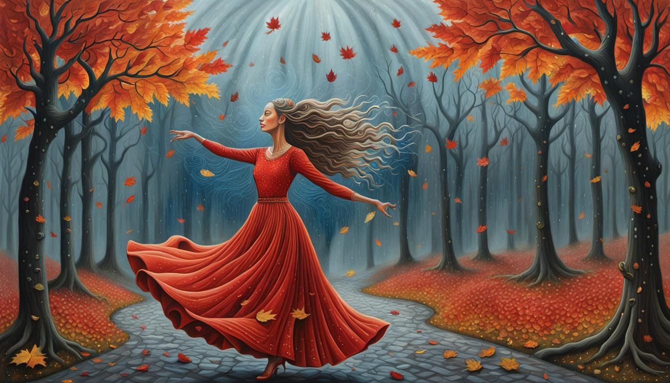 Autumn Dancer in Yerka Style with Flowing Red Dress