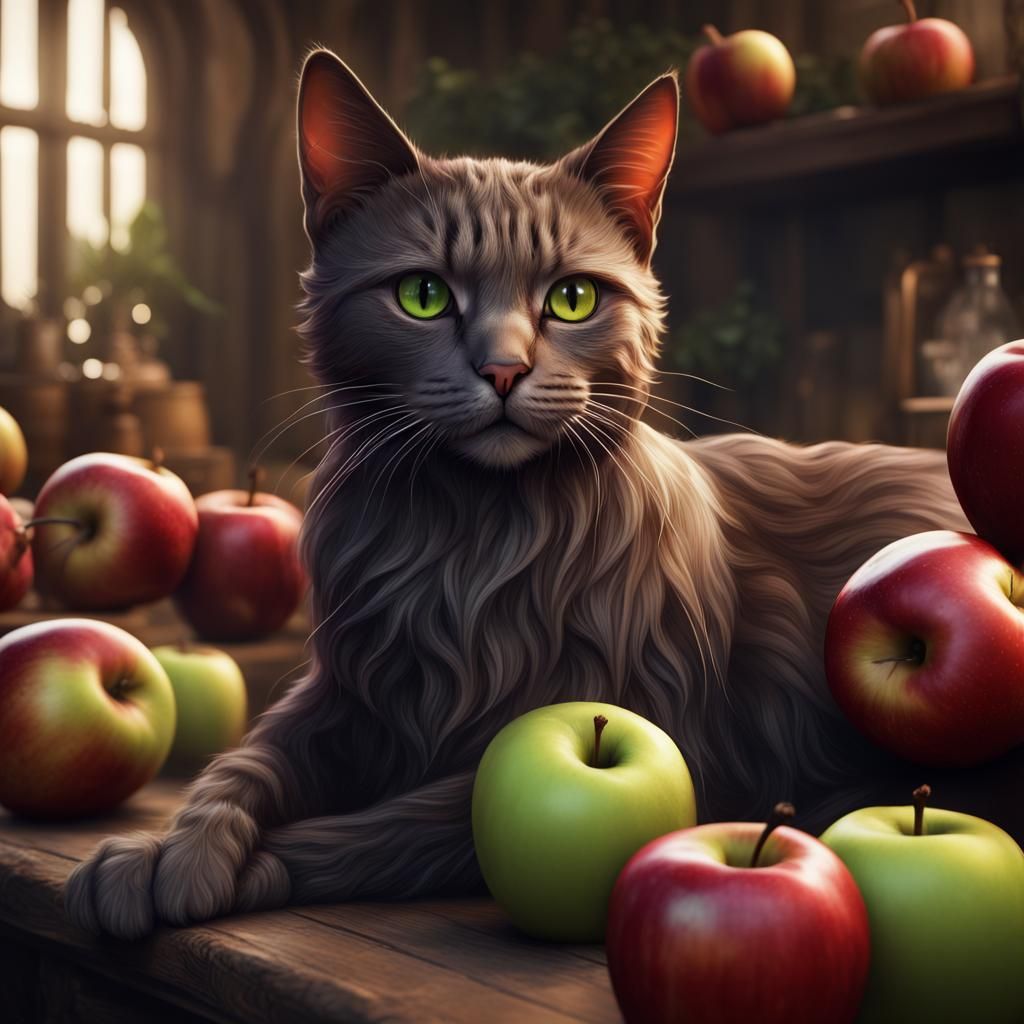 Cat in Apple Costume: Detailed Fantasy Art