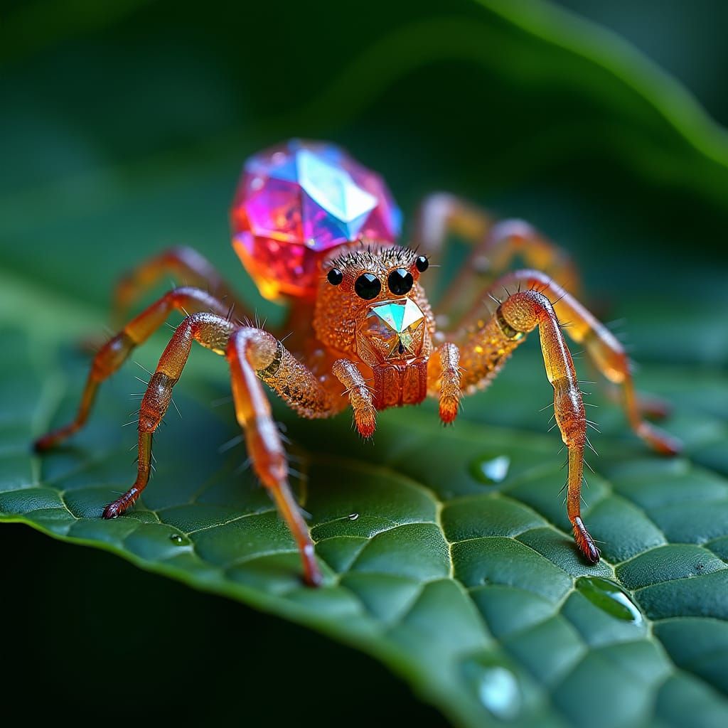 Crystal Spider on Leaf in Hyperrealistic Style