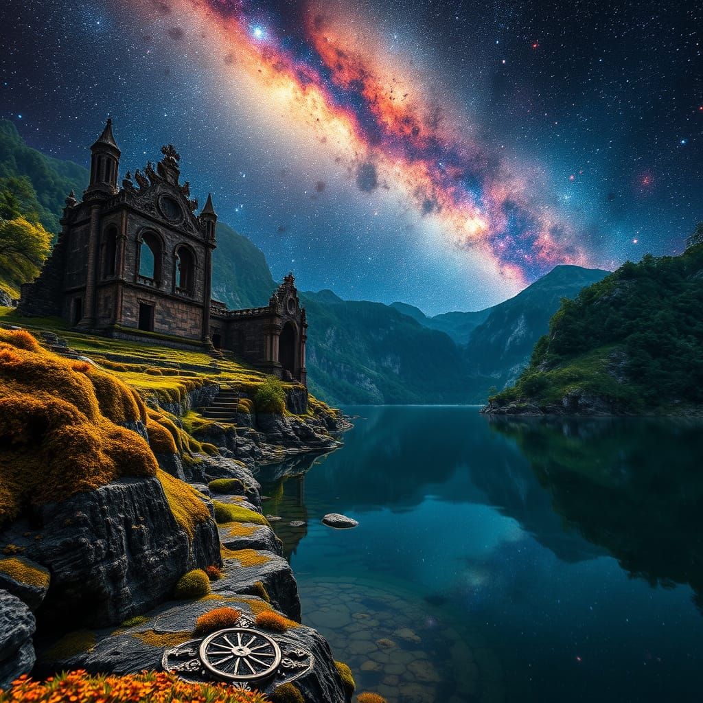 Lakeside Ruins Under a Colorful Milky Way