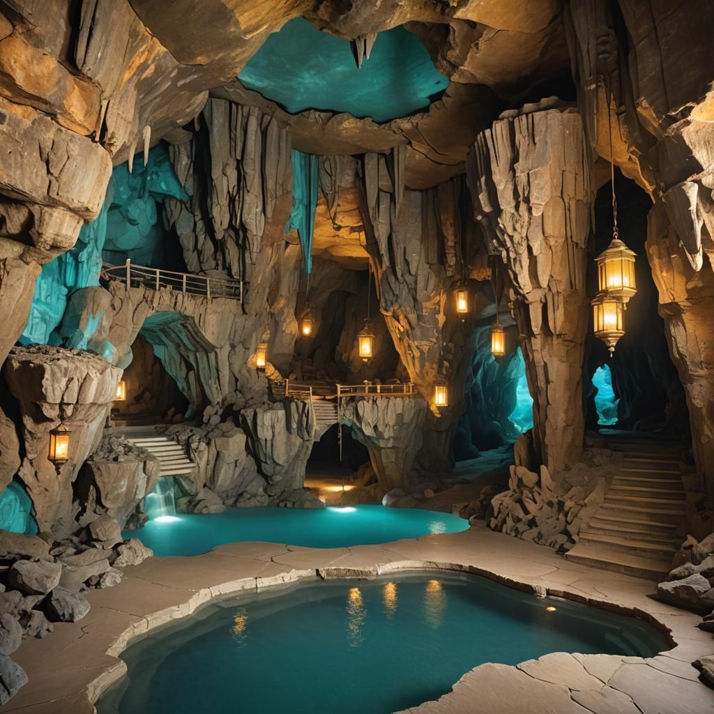 Mystical Cave Interior with Turquoise Pool, Impasto Style