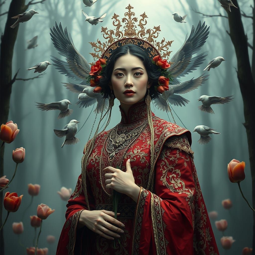 Regal Woman in Mystical Forest, Digital Art