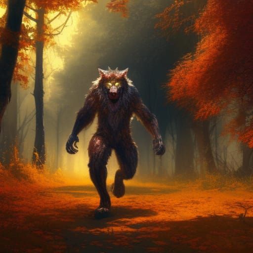 Detailed Werewolf in Autumnal Dark Fantasy Landscape