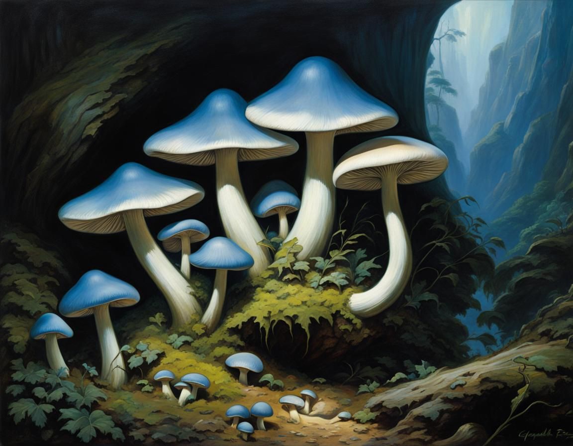 Glowing Mushrooms in Dark Fantasy Oil Painting Style