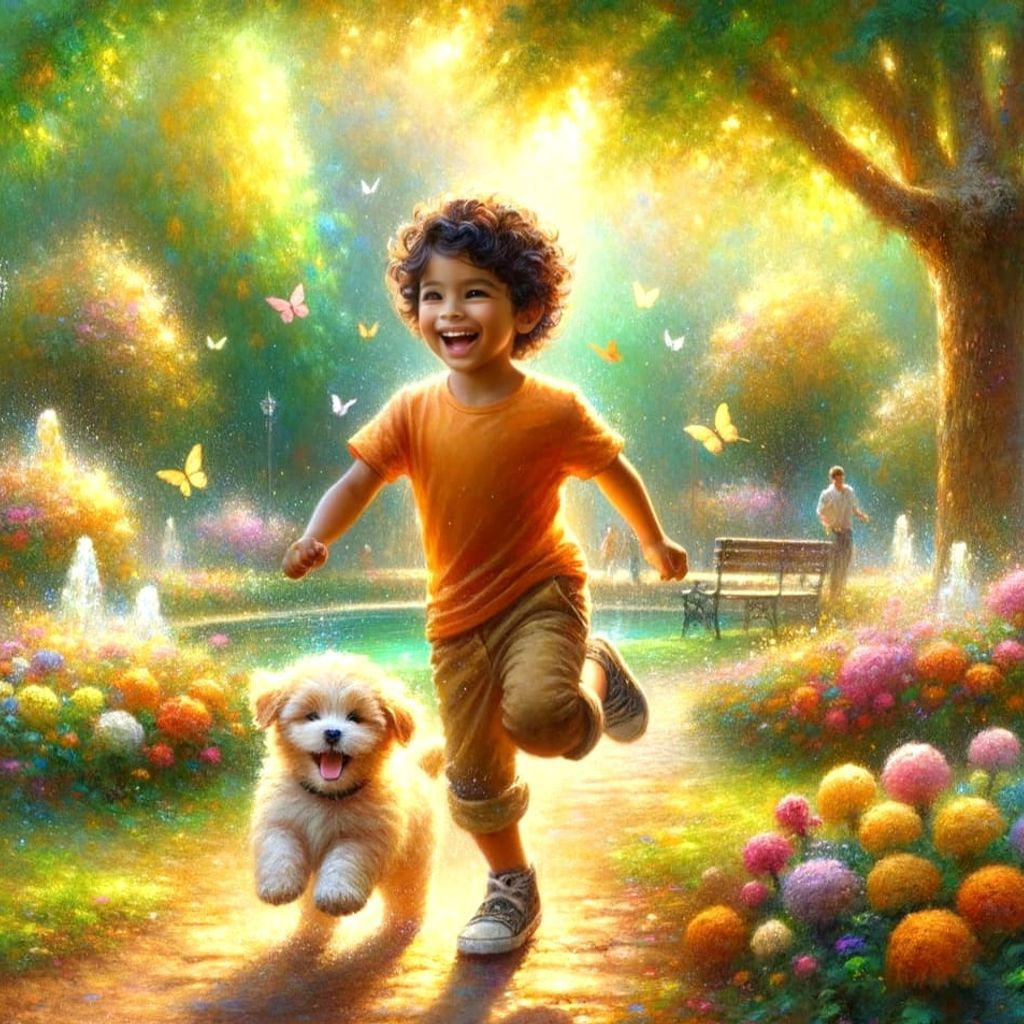 Boy and Puppy in Sunlit Park, Impasto Watercolour