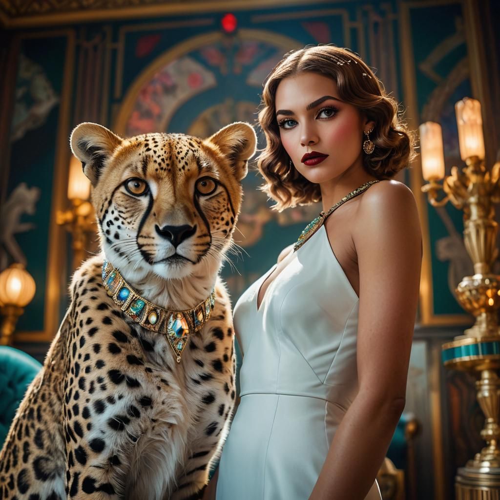 Art Deco Model and Cheetah Portrait