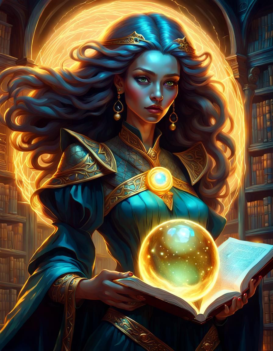 Fantasy Witch with Bioluminescent Sphere in Library