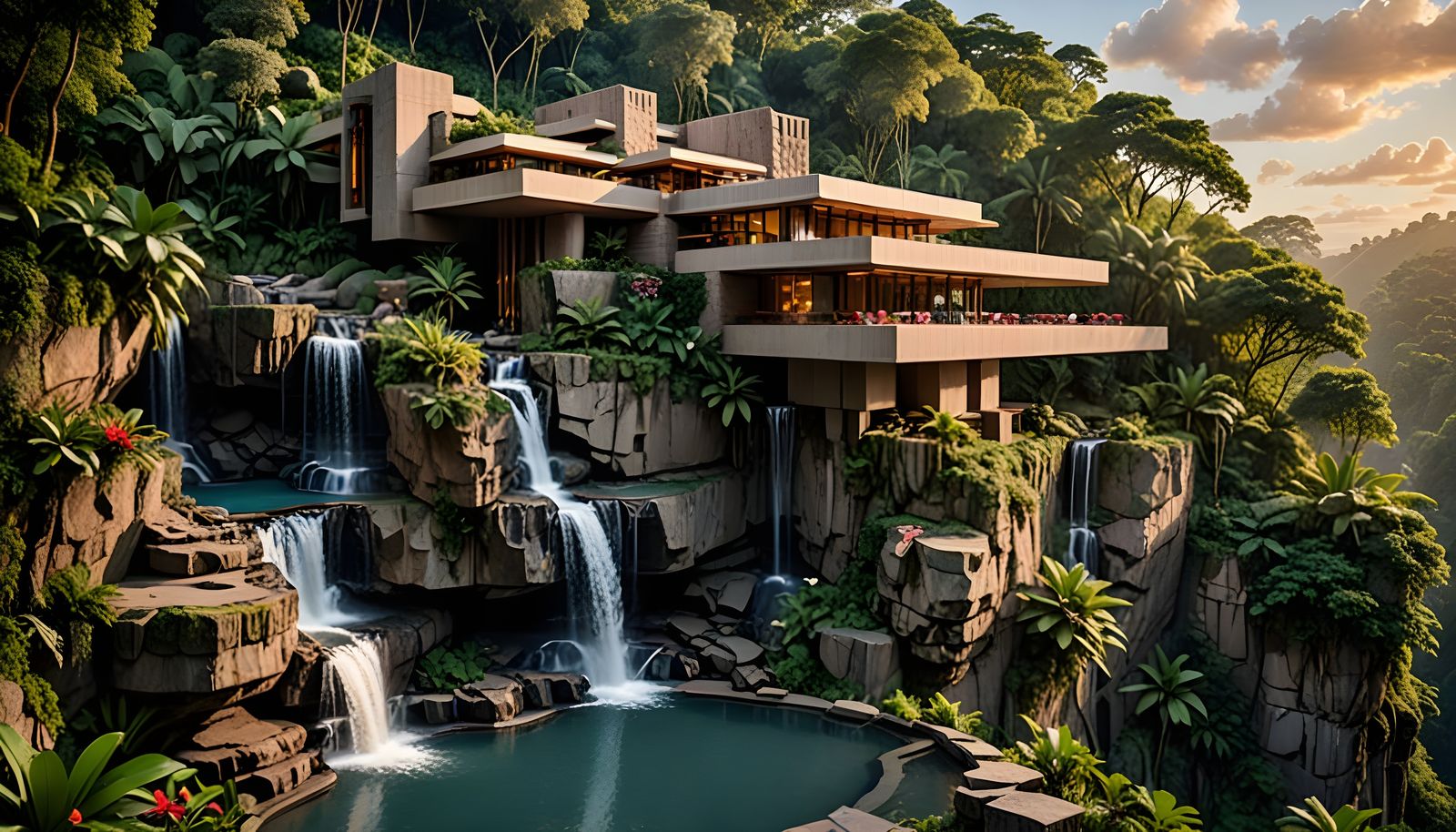 Cantilevered Cliffside House with Waterfall