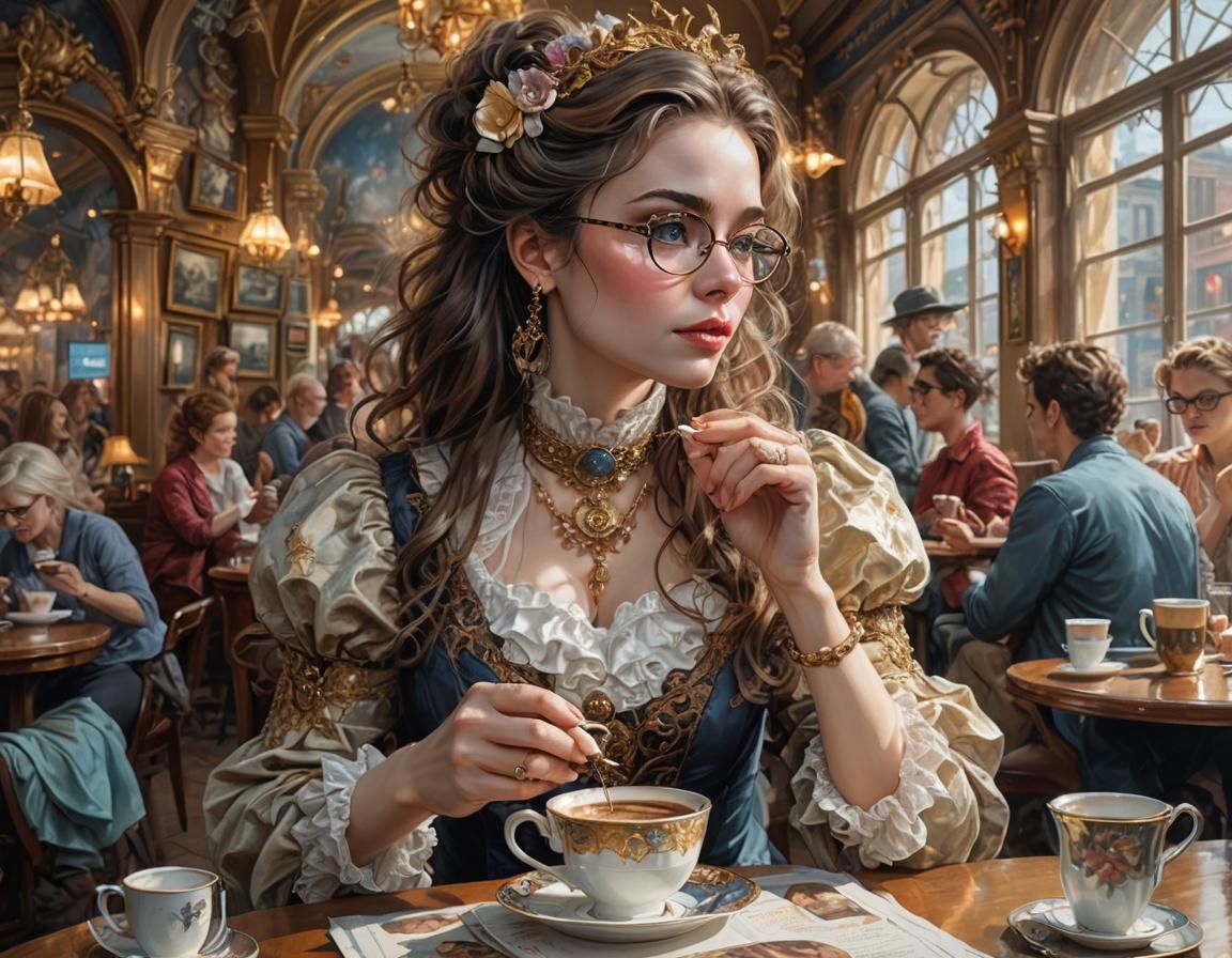 Romantic Rococo Portrait of Woman in Café