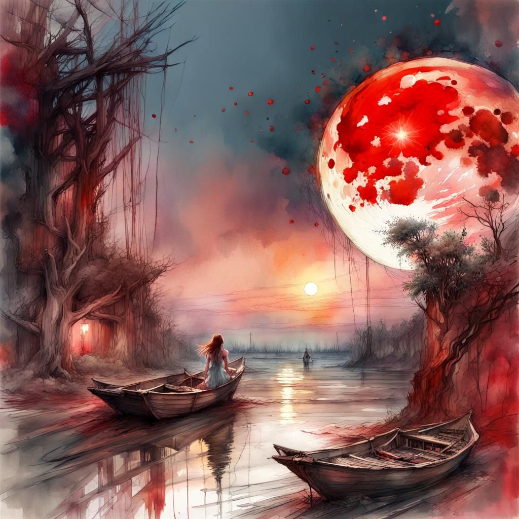 Red Moon Crashing on Earth in Watercolor