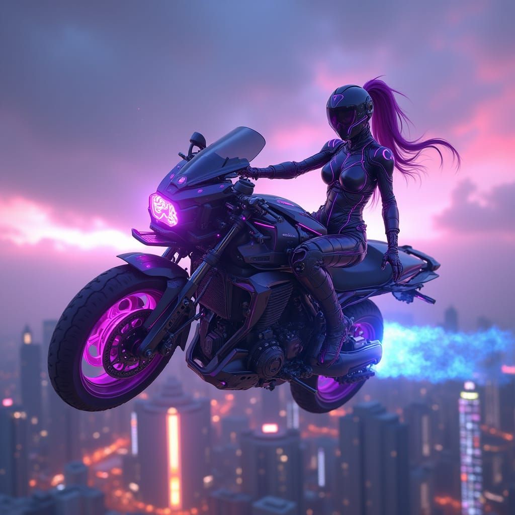 Cyberpunk Ranger on Hoverbike in Neon City